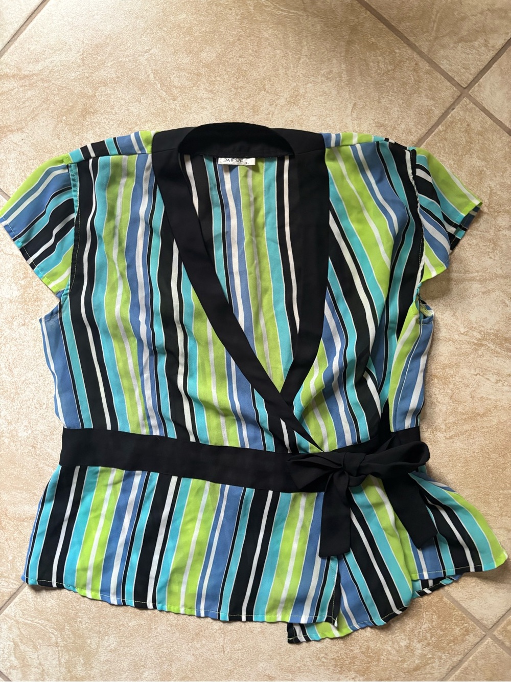 Jaipur Striped Wrap Blouse in Blue, Green & Black